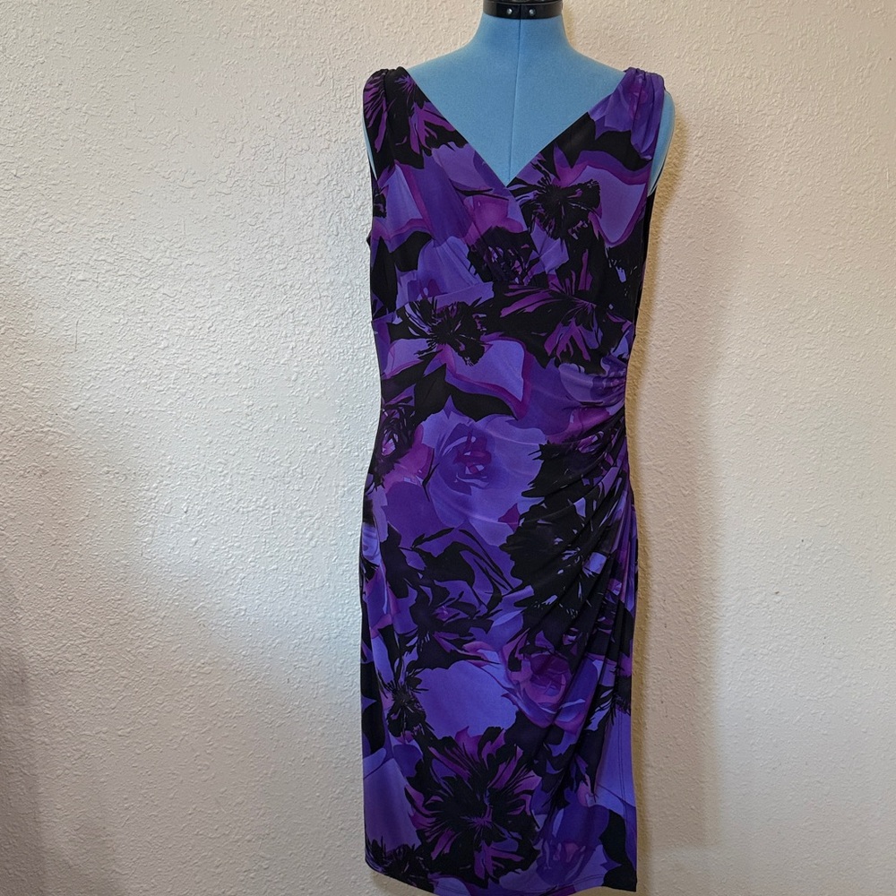 Ralph Lauren Purple and Black Floral V-Neck Midi Dress